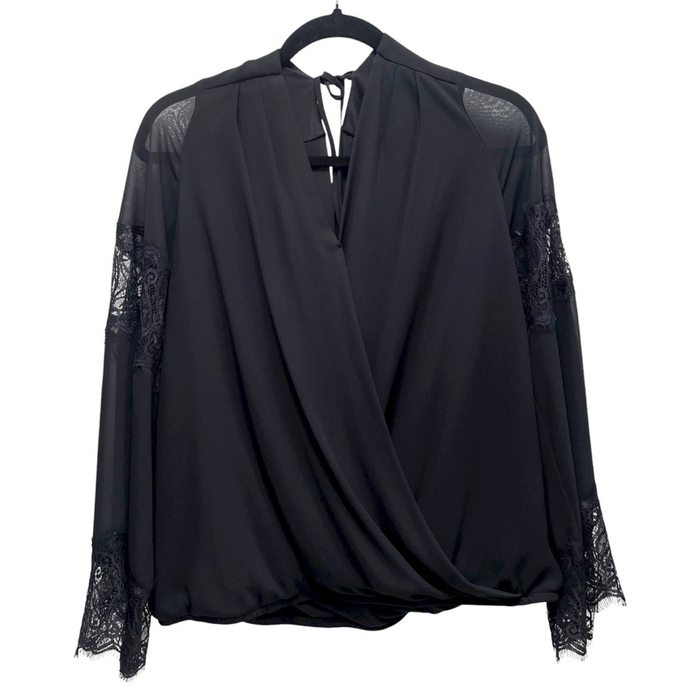 THALIA SODI Black Wrap Front Blouse Lace Detailing Size Large